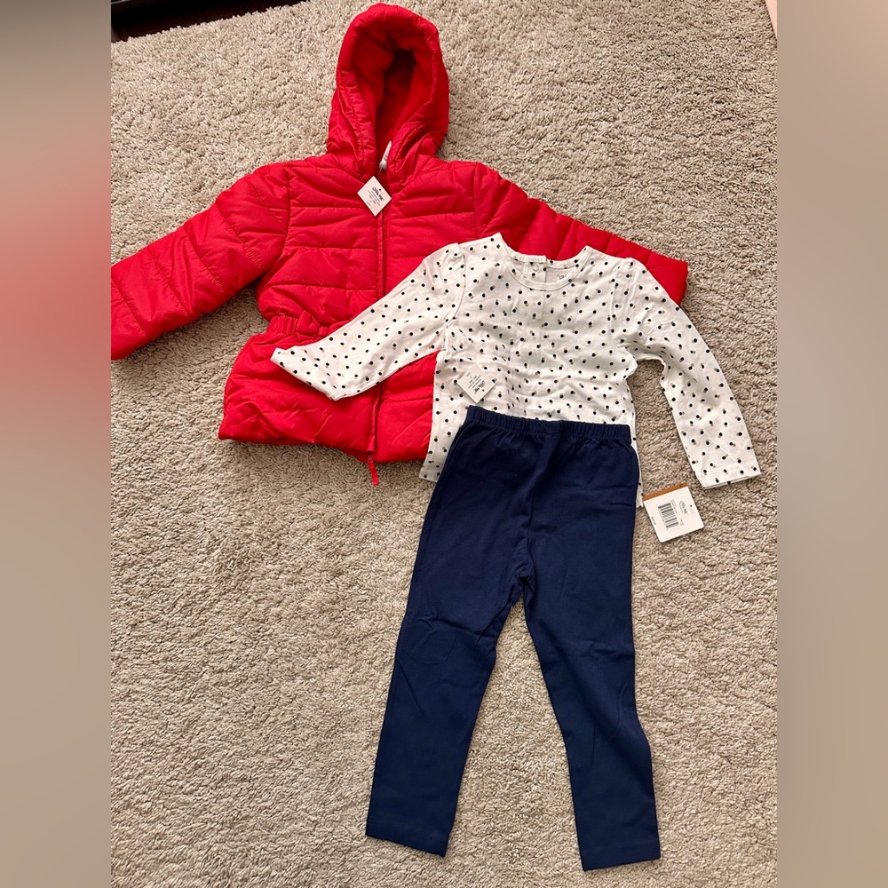 Little Me three piece set - red puffy jacket, shirt, and navy blue leggings (3T)